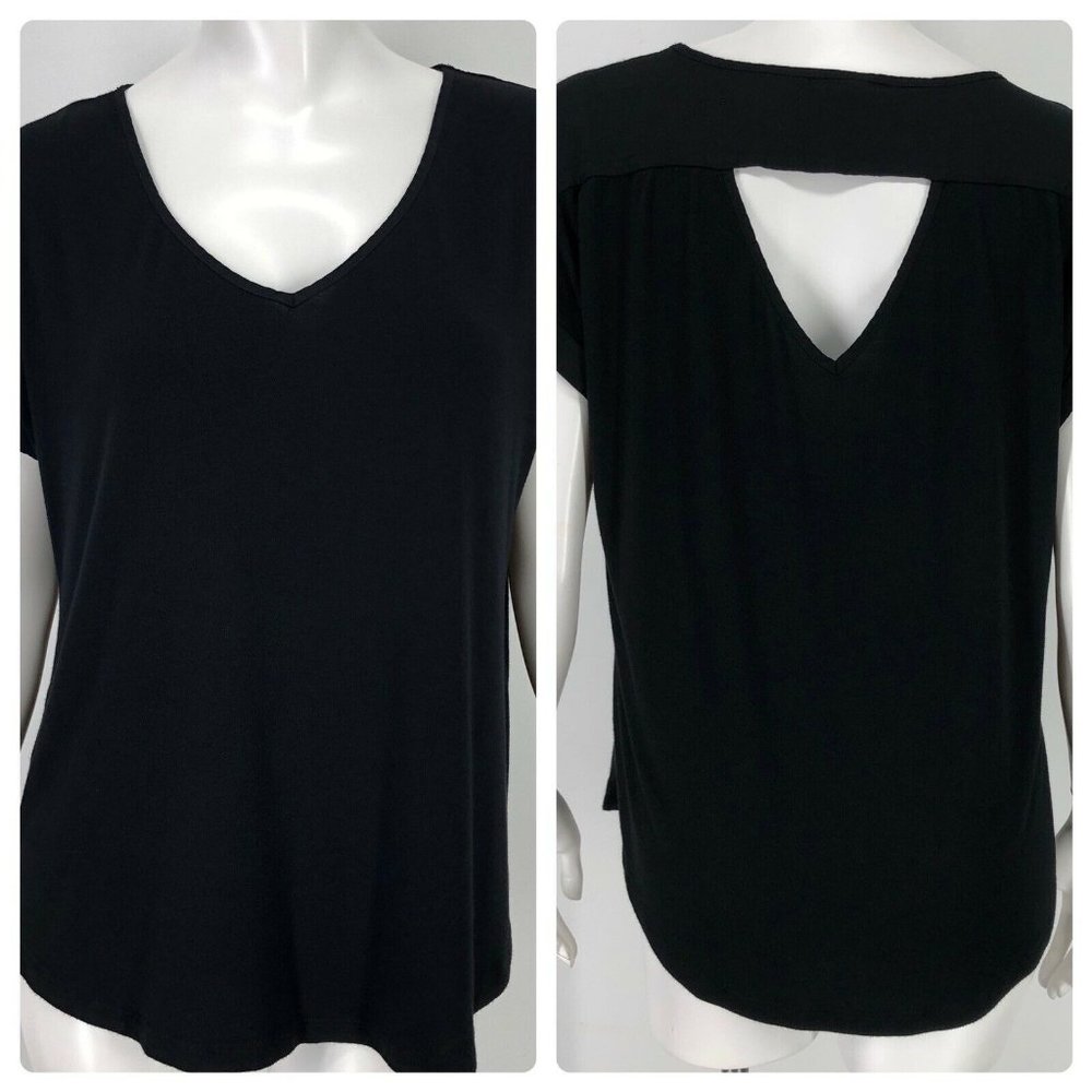Pleione Womens Large Cutout Shirt Solid Black Soft Stretch Minimalist L